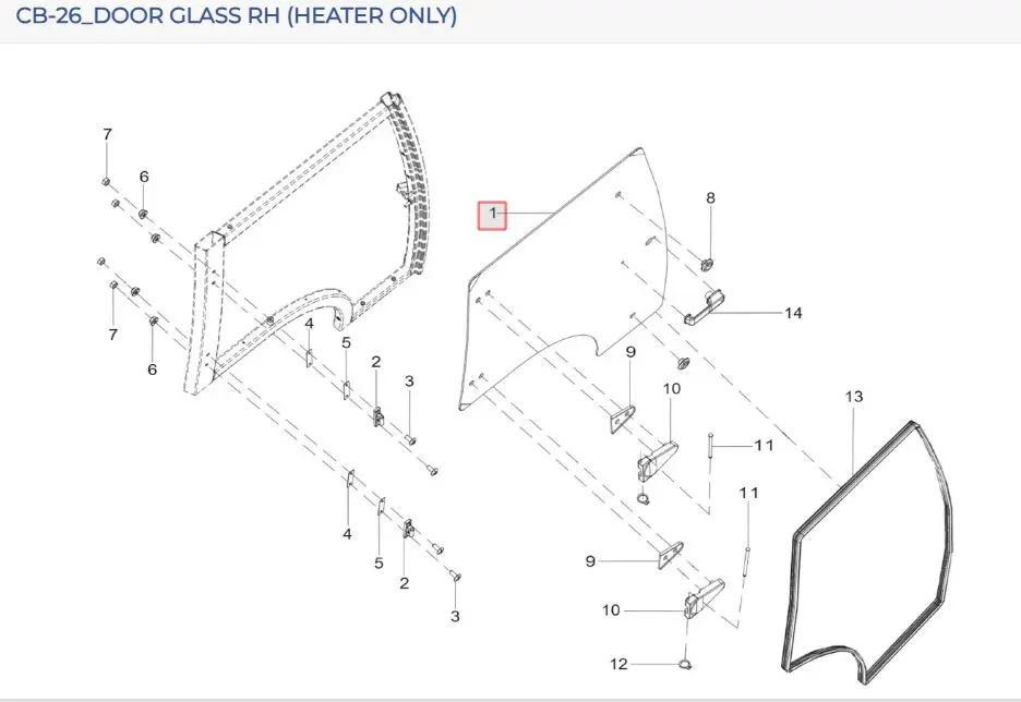 DOOR GLASS RH 6×1314×1092 TOUGHENED (horizontal door handle)